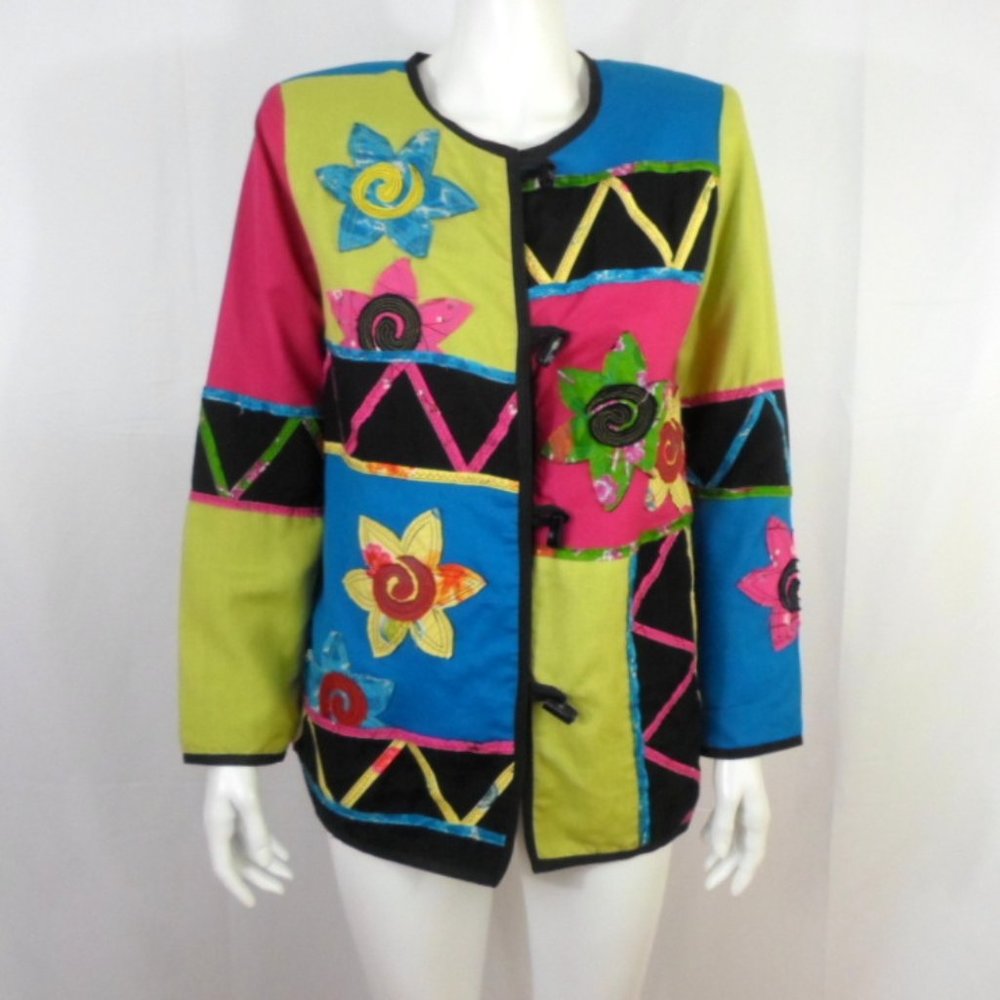 Julia Kim Jacket Patchwork Color Block Long Sleeve Toggle Buttons
